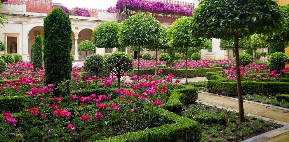 Een formele tuin met keurig gesnoeide heggen, vormsnoeibomen en levendige roze bloemen, omringd door historische stenen gebouwen en klimmende paarse bougainville. Paden verdelen de weelderige, symmetrische plantbedden.