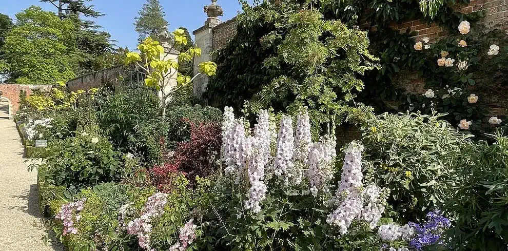 Een levendige tuin met verschillende kleurrijke bloemen en groene planten groeit naast een bakstenen muur onder een helderblauwe hemel in Oxfordshire, met een grindpad dat langs de tuinbedden loopt.