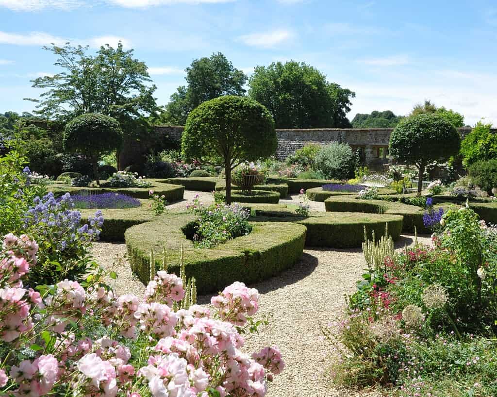 Een formele tuin met netjes gesnoeide, ronde buxushagen, bloeiende bloemen in verschillende kleuren, grindpaden en verschillende ronde vormbomen onder een blauwe hemel met verspreide wolken.