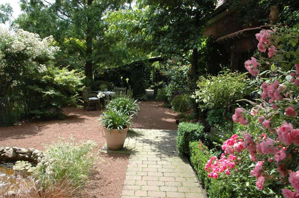 Een weelderige tuin met een stenen pad, bloeiende struiken, roze rozen, groene struiken en bomen. Deze groene oase van de Rijn heeft een zitgedeelte met banken aan de linkerkant, omgeven door groen en gedempt zonlicht.