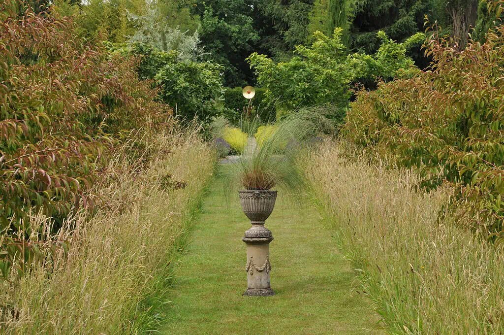 Een graspad met hoog, wild gras en struiken leidt naar een decoratieve urn op een sokkel. In de verte zijn bomen en een gouden tuinluidspreker zichtbaar tussen het weelderige groen - perfect voor wie op zoek is naar groene oases bij de Rijn.