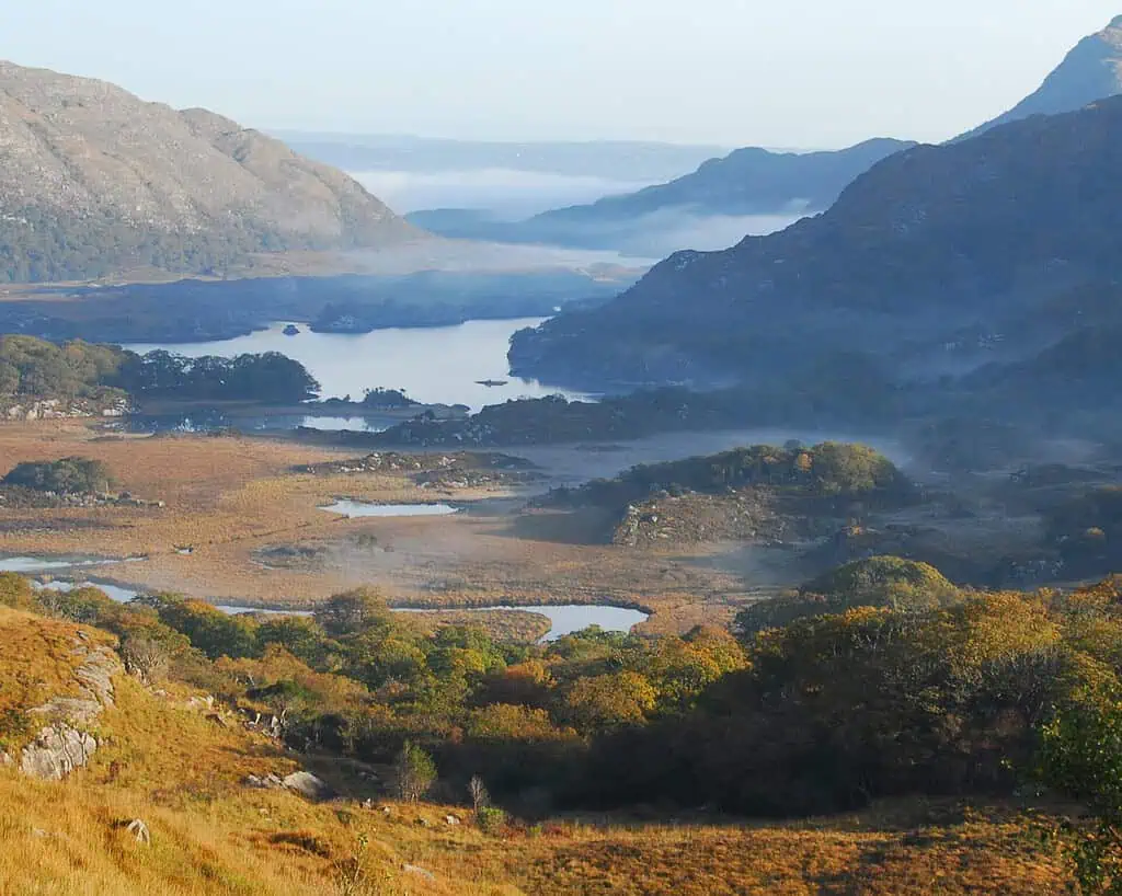 Uitzicht op een schilderachtige vallei in Ierland met een kronkelend meer, omringd door glooiende heuvels en bergen. Mist stijgt op boven het water en de bomen, terwijl groene accenten in het gebladerte zorgen voor een serene sfeer in de vroege ochtend.