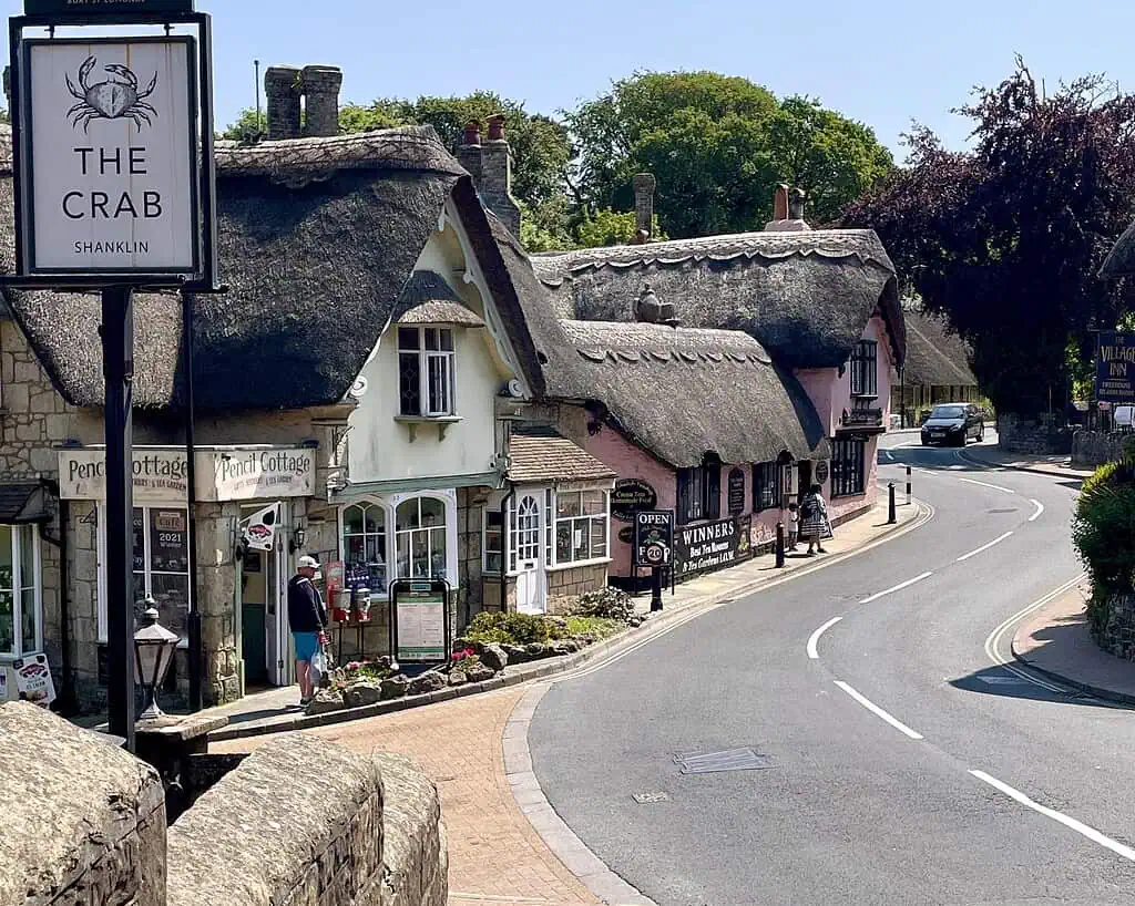 Een gebogen straat in Shanklin op het Isle of Wight met charmante huisjes met rieten daken, winkels en restaurant The Crab. Mensen wandelen op het trottoir op een zonnige dag met groene bomen op de achtergrond.