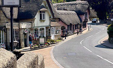 Een gebogen straat in Shanklin op het Isle of Wight met charmante huisjes met rieten daken, winkels en restaurant The Crab. Mensen wandelen op het trottoir op een zonnige dag met groene bomen op de achtergrond.