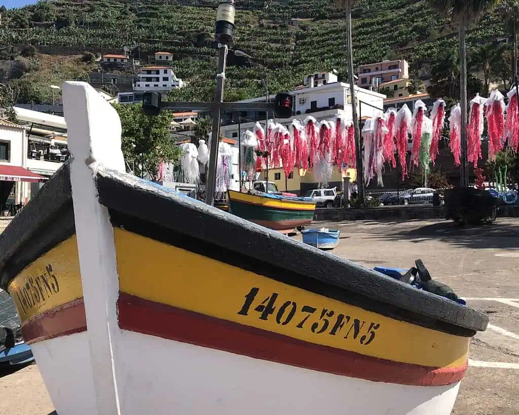 Een close-up van een kleurrijke vissersboot met het nummer 14075FN5, aangemeerd aan land. Daarachter liggen feestelijke roze en witte slingers en gebouwen op een heuvel onder een zonnige hemel.