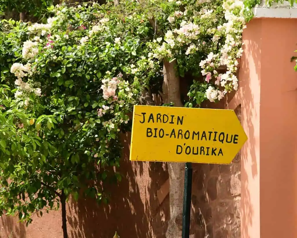 Een geel pijlvormig bord met de tekst Jardin Bio-Aromatique d'Ourika staat voor bloeiende struiken en een perzikkleurige muur.