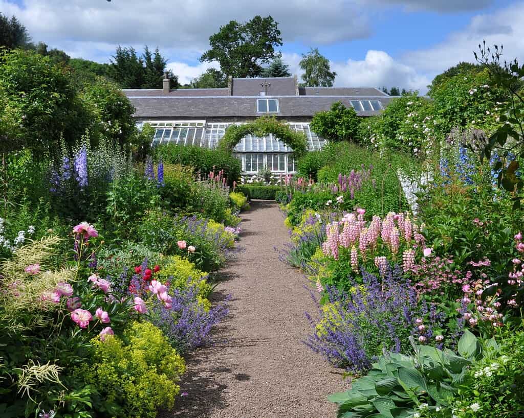 Een grindpad slingert door weelderige, bloeiende privétuinen in Oost-Schotland en leidt naar een huis met grote glazen ramen en een schuin dak, allemaal onder een gedeeltelijk bewolkte hemel.