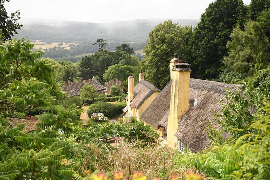 Een groepje gele huisjes met rieten daken ligt verscholen tussen weelderige groene bomen en struiken, met op de achtergrond glooiende heuvels en een mistig landschap.