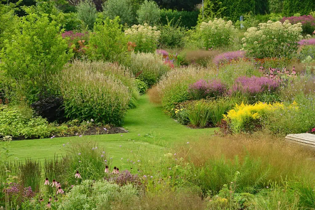 Een weelderige tuin met een kronkelend groen graspad, omringd door dichte, kleurrijke bloemperken en struiken in paarse, gele, witte en groene tinten onder een bewolkte hemel, die doet denken aan de mooiste tuinen van Nederland.
