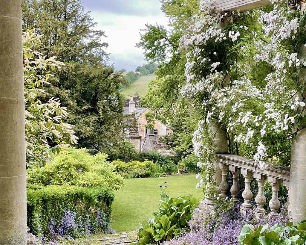 Een weelderige tuin met bloeiende witte bloemen beklimt een stenen zuil en balustrade, met uitzicht op groene gazons en levendige planten in Zuid-Engeland, met in de verte een stenen huis onder een bewolkte hemel die doet denken aan Bath.