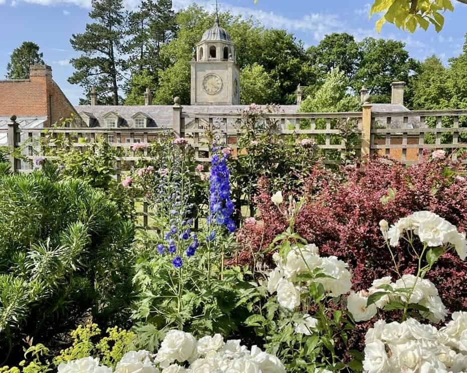 Een weelderige tuin met bloeiende witte, roze en blauwe bloemen op de voorgrond en een stenen gebouw met een klokkentoren en schoorstenen op de achtergrond in Bath, Zuid-Engeland, omringd door groene bomen onder een blauwe lucht.
