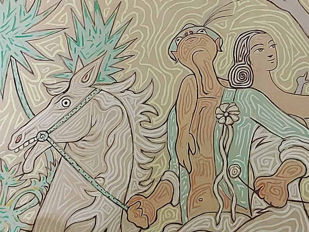 Een gestileerde, abstracte illustratie toont een wit paard met helderblauwe manen naast twee figuren. De ene figuur houdt zijn hoofd achterover met gesloten ogen, de andere kijkt naar voren met een kalme uitdrukking, alles omlijnd met wervelende lijnen.