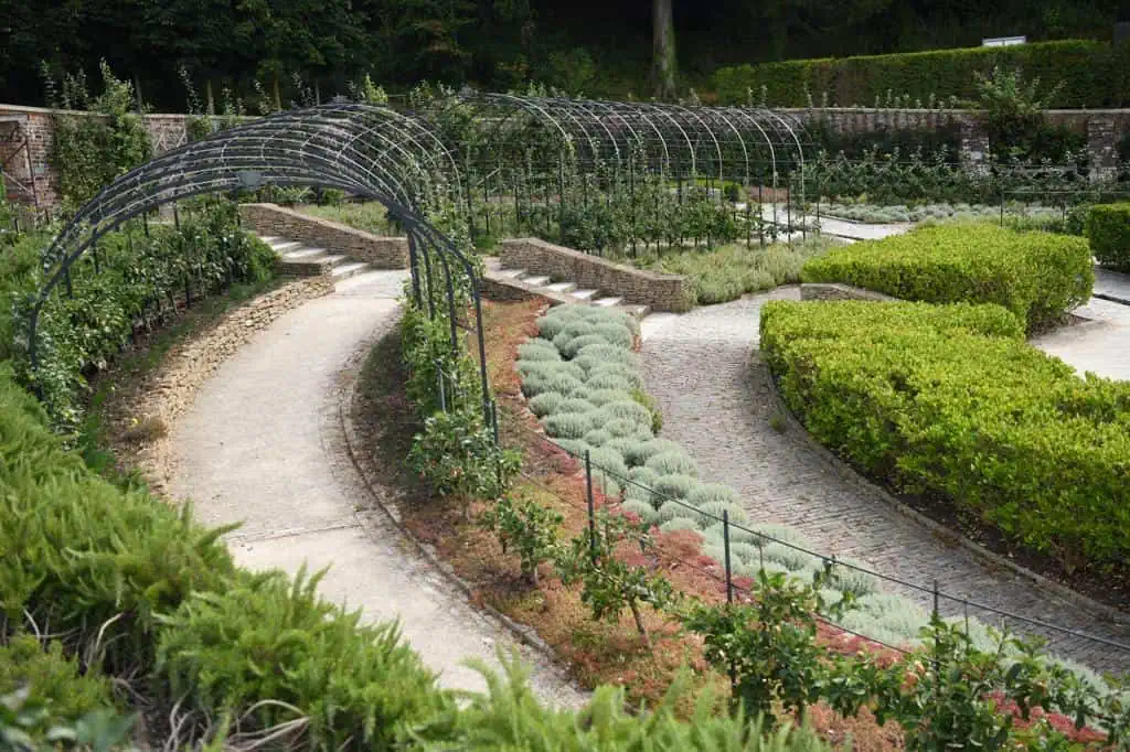 Paden van gebogen grind slingeren door een formele tuin met gesnoeide heggen, lage struiken en metalen bogen - een perfecte omgeving voor elke Groei & Bloei moestuinreis. Het tafereel is weelderig en ordelijk, omlijst door hoge bomen en stenen muren.