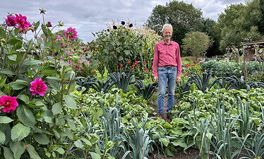 Een man in een rood shirt en spijkerbroek staat midden in een weelderige Groei & Bloei moestuin, omringd door bladgroen en bloemen, met bomen en een bewolkte lucht op de achtergrond - de essentie van zijn Moestuinreis.